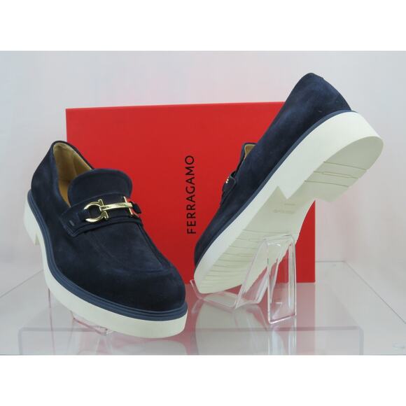 NIB FERRAGAMO FIORELLO BLUE SUEDE GANCINI BIT LOGO LOAFERS 11.5 ITALY main image 5